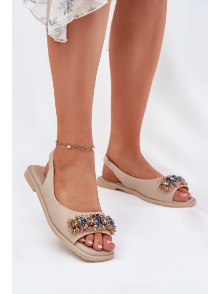 Women Flat Sandals With Crystals S.Barski KV51-079 Beige