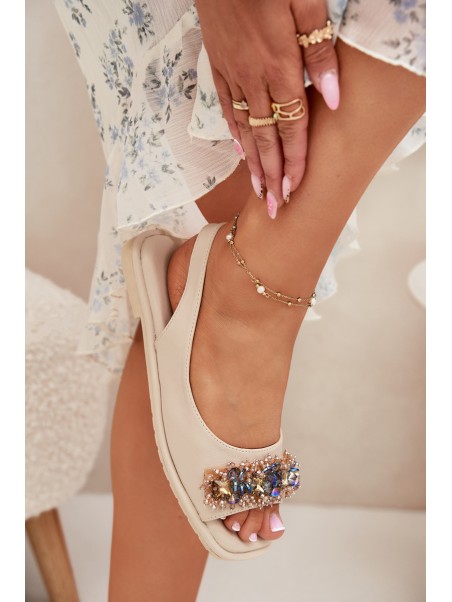 Women Flat Sandals With Crystals S.Barski KV51-079 Beige