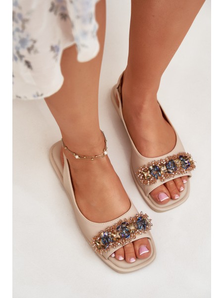 Women Flat Sandals With Crystals S.Barski KV51-079 Beige