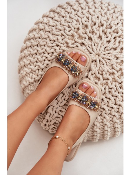 Women Flat Sandals With Crystals S.Barski KV51-079 Beige
