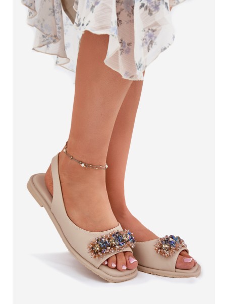 Women Flat Sandals With Crystals S.Barski KV51-079 Beige