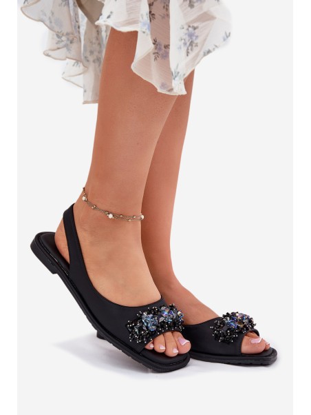 Ladies Flat Sandals With Crystals Black S.Barski KV51-079