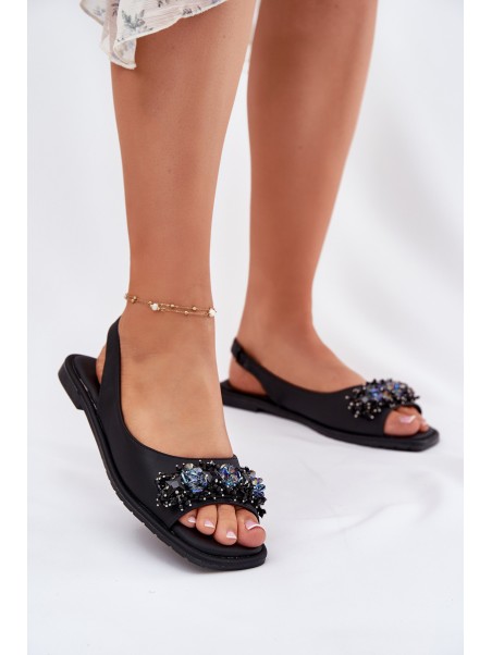 Ladies Flat Sandals With Crystals Black S.Barski KV51-079
