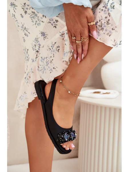 Ladies Flat Sandals With Crystals Black S.Barski KV51-079
