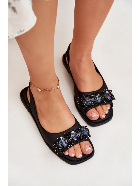 Ladies Flat Sandals With Crystals Black S.Barski KV51-079