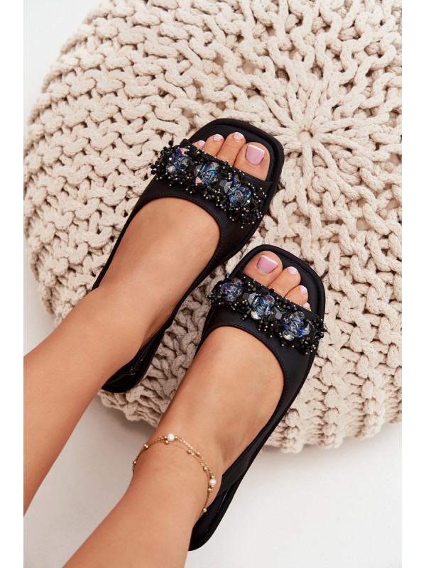 Ladies Flat Sandals With Crystals Black S.Barski KV51-079