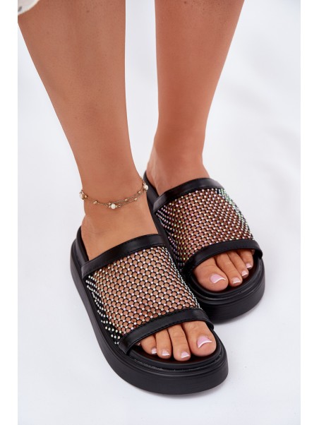 Embellished Women's Platform Slippers With Mesh Black S.Barski MY51-016