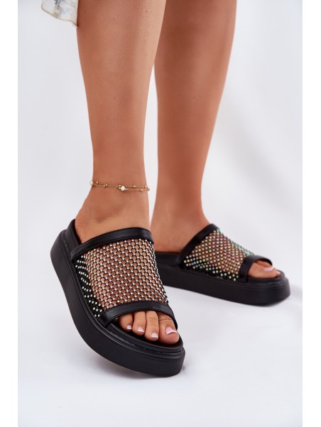 Embellished Women's Platform Slippers With Mesh Black S.Barski MY51-016