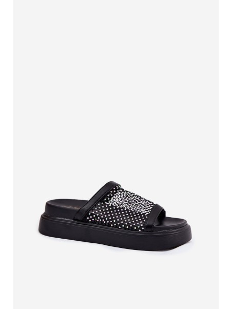 Embellished Women's Platform Slippers With Mesh Black S.Barski MY51-016
