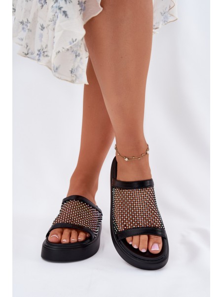 Embellished Women's Platform Slippers With Mesh Black S.Barski MY51-016