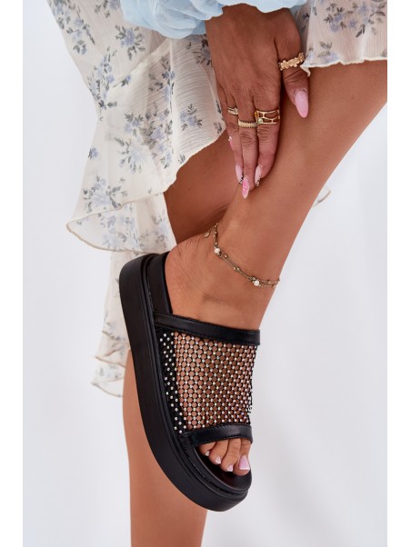 Embellished Women's Platform Slippers With Mesh Black S.Barski MY51-016