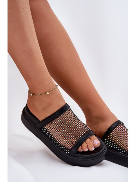 Embellished Women's Platform Slippers With Mesh Black S.Barski MY51-016