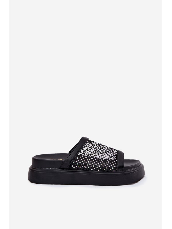 Embellished Women's Platform Slippers With Mesh Black S.Barski MY51-016