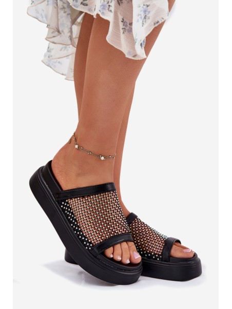 Embellished Women's Platform Slippers With Mesh Black S.Barski MY51-016