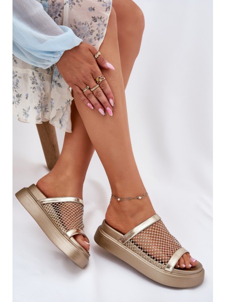 Decorated women's sandals on a platform with mesh S.Barski MY51-016 gold