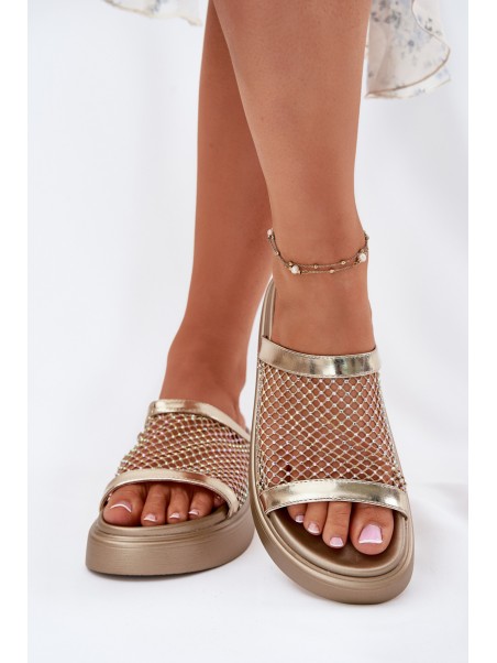 Decorated women's sandals on a platform with mesh S.Barski MY51-016 gold