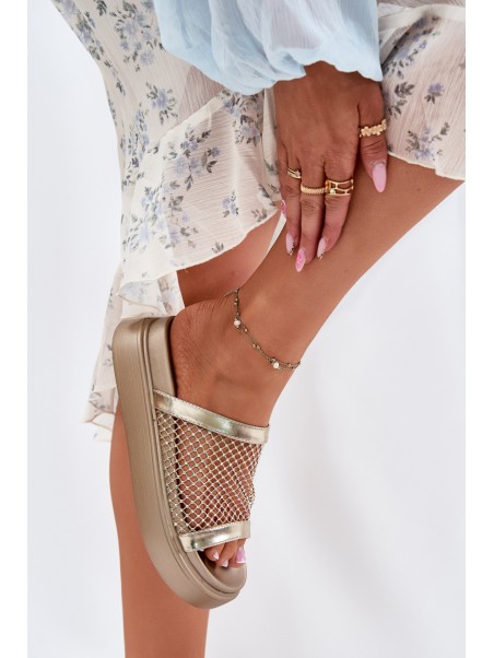 Decorated women's sandals on a platform with mesh S.Barski MY51-016 gold