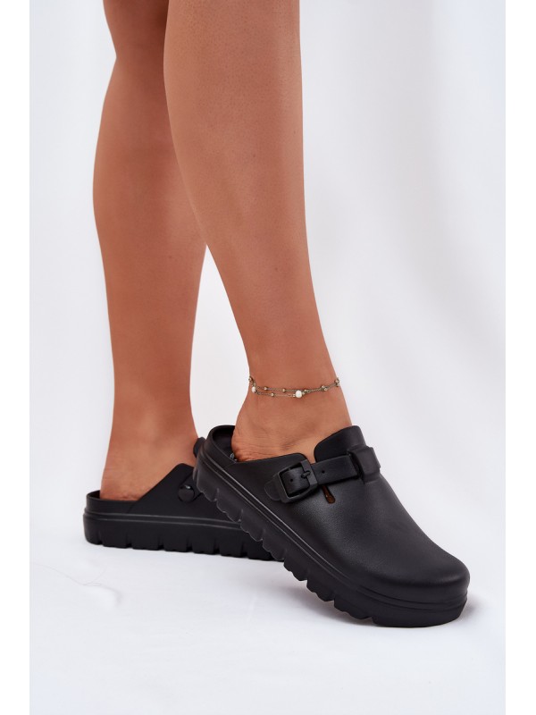 Women Foam Slippers With Strap And Buckle Black Larinie