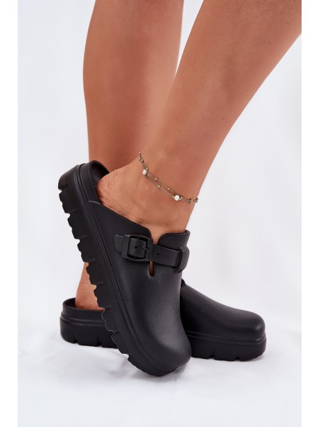 Women Foam Slippers With Strap And Buckle Black Larinie