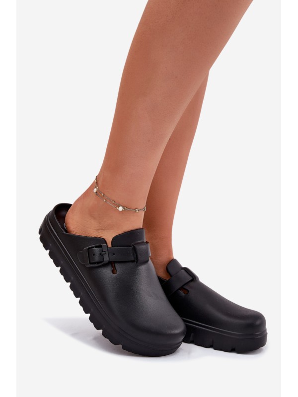 Women Foam Slippers With Strap And Buckle Black Larinie