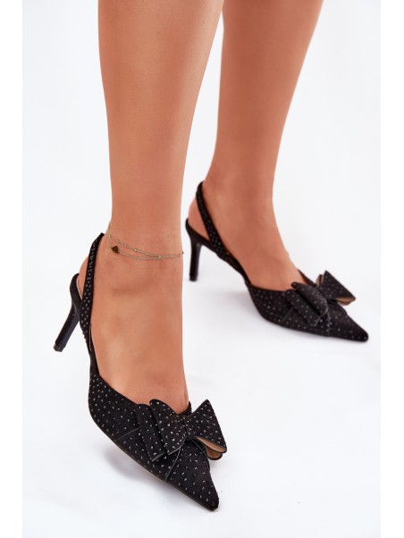 Embellished Stilettos With Open Heel And Bow Black Nilandriela