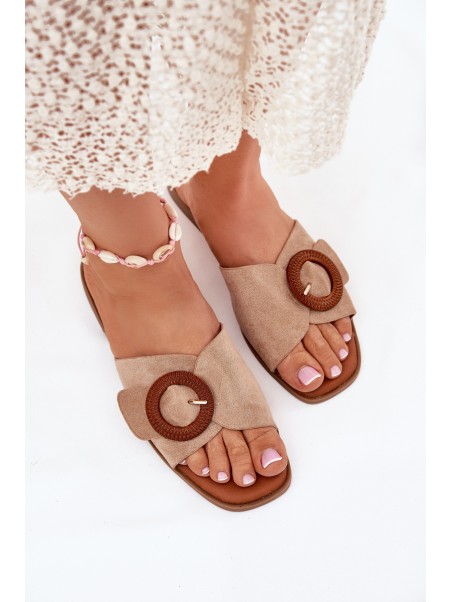 Womens Flat Heeled Sandals With Buckle Beige Lanoni