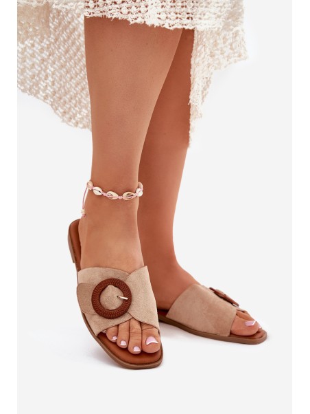 Womens Flat Heeled Sandals With Buckle Beige Lanoni