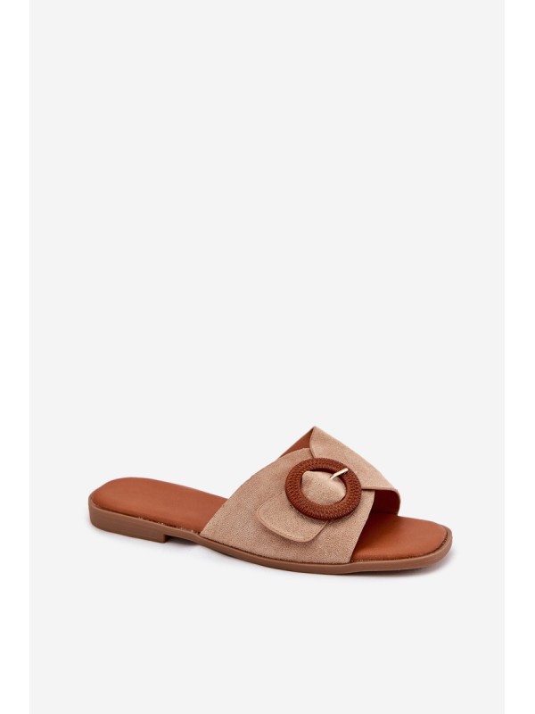 Womens Flat Heeled Sandals With Buckle Beige Lanoni