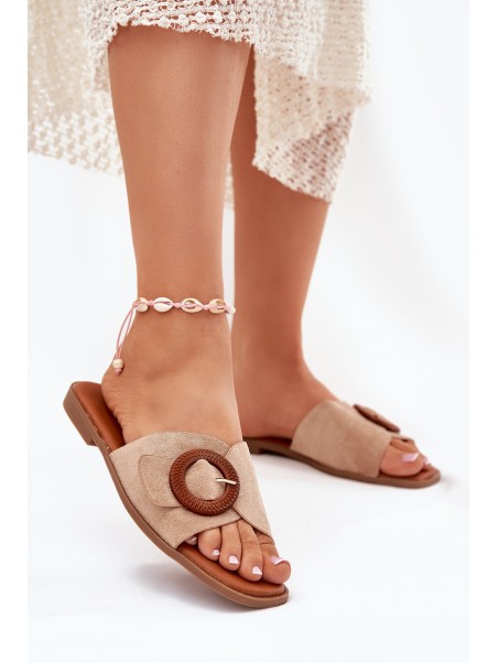 Womens Flat Heeled Sandals With Buckle Beige Lanoni