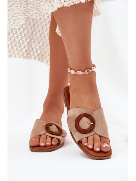 Womens Flat Heeled Sandals With Buckle Beige Lanoni