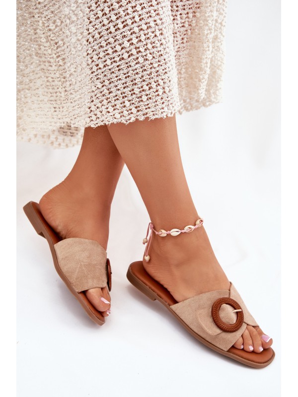 Womens Flat Heeled Sandals With Buckle Beige Lanoni