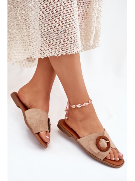 Womens Flat Heeled Sandals With Buckle Beige Lanoni