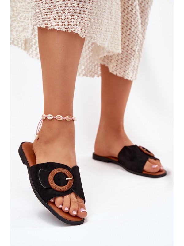 Womens Slippers On Flat Heel With Buckle Black Lanoni