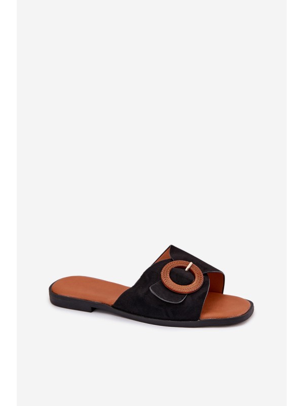 Womens Slippers On Flat Heel With Buckle Black Lanoni