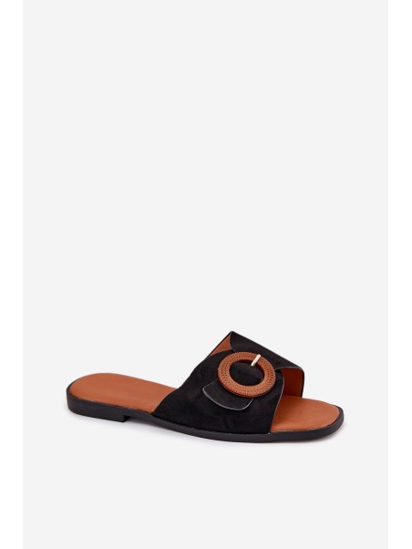 Womens Slippers On Flat Heel With Buckle Black Lanoni