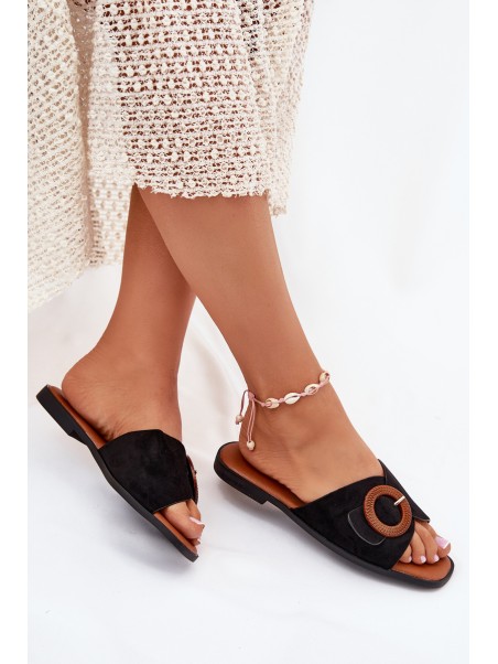 Womens Slippers On Flat Heel With Buckle Black Lanoni