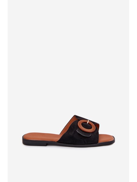 Womens Slippers On Flat Heel With Buckle Black Lanoni
