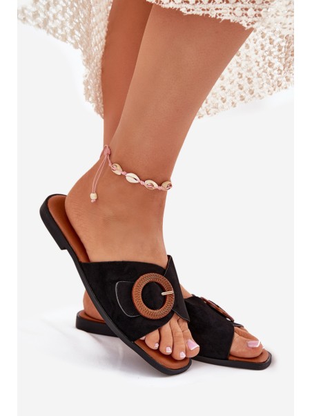 Womens Slippers On Flat Heel With Buckle Black Lanoni
