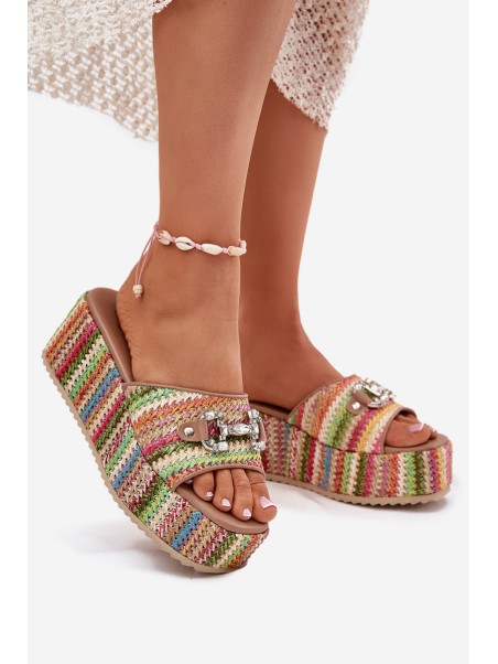 Wedge Sandals For Women With Braiding And Decoration Multicolor Isolene