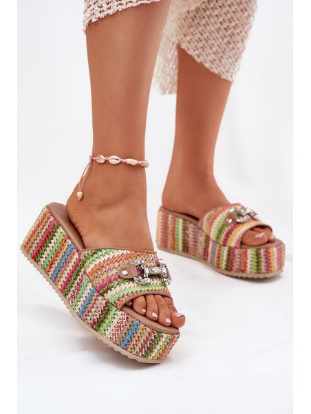 Wedge Sandals For Women With Braiding And Decoration Multicolor Isolene