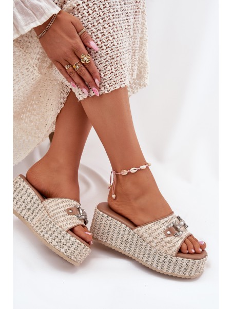 Women's Wedge Sandals With Braiding And Decoration Beige Isolene