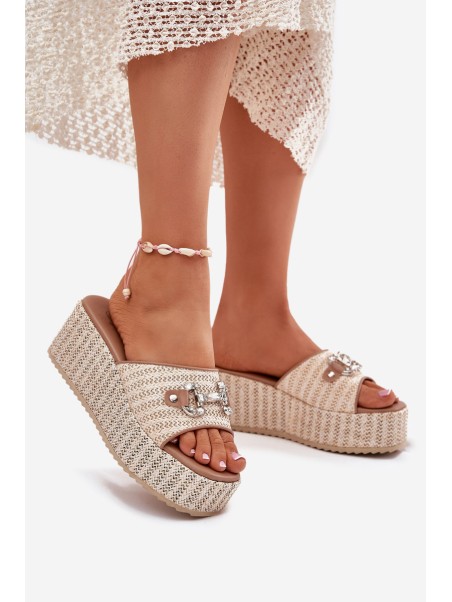 Women's Wedge Sandals With Braiding And Decoration Beige Isolene