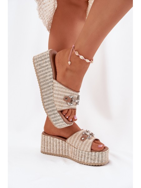 Women's Wedge Sandals With Braiding And Decoration Beige Isolene