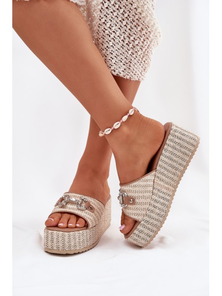 Women's Wedge Sandals With Braiding And Decoration Beige Isolene