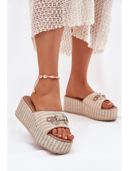 Women's Wedge Sandals With Braiding And Decoration Beige Isolene