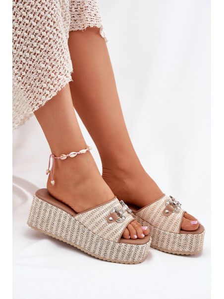 Women's Wedge Sandals With Braiding And Decoration Beige Isolene