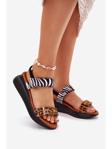 Womens wedge sandals leopard and zebra brown Monera