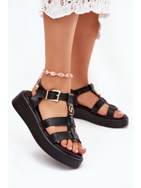 Women Sandals On Platform With Gold Detail Black Fevire