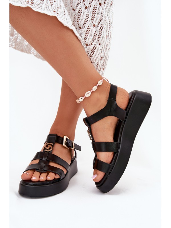 Women Sandals On Platform With Gold Detail Black Fevire