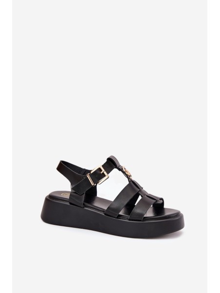 Women Sandals On Platform With Gold Detail Black Fevire